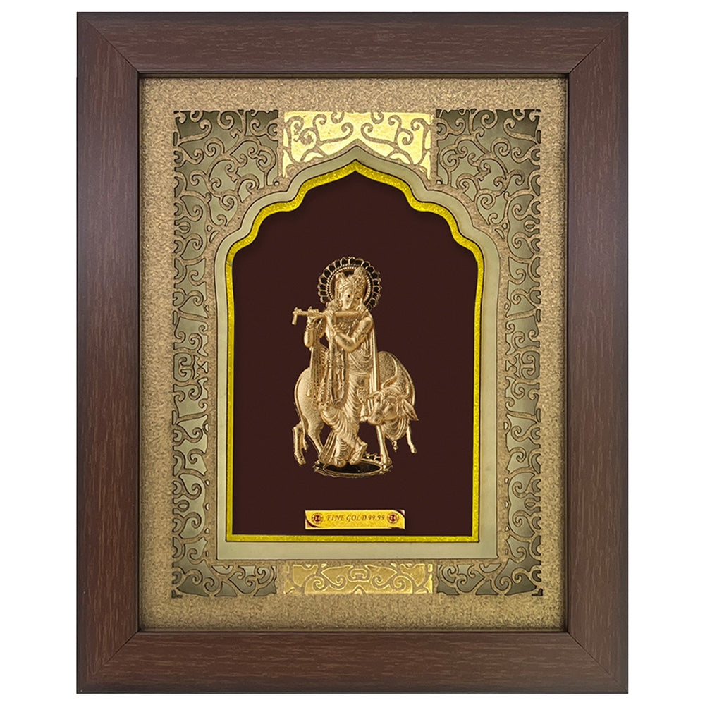 24KT Gold Foil Krishna with Cow Frame